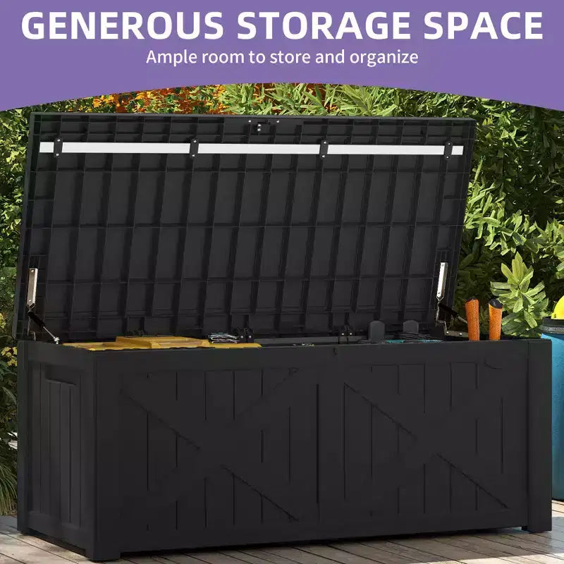Coffre de rangement extérieur en résine de 450 litres, grand, en forme de X sur le devant, banc de rangement imperméable pour coussins