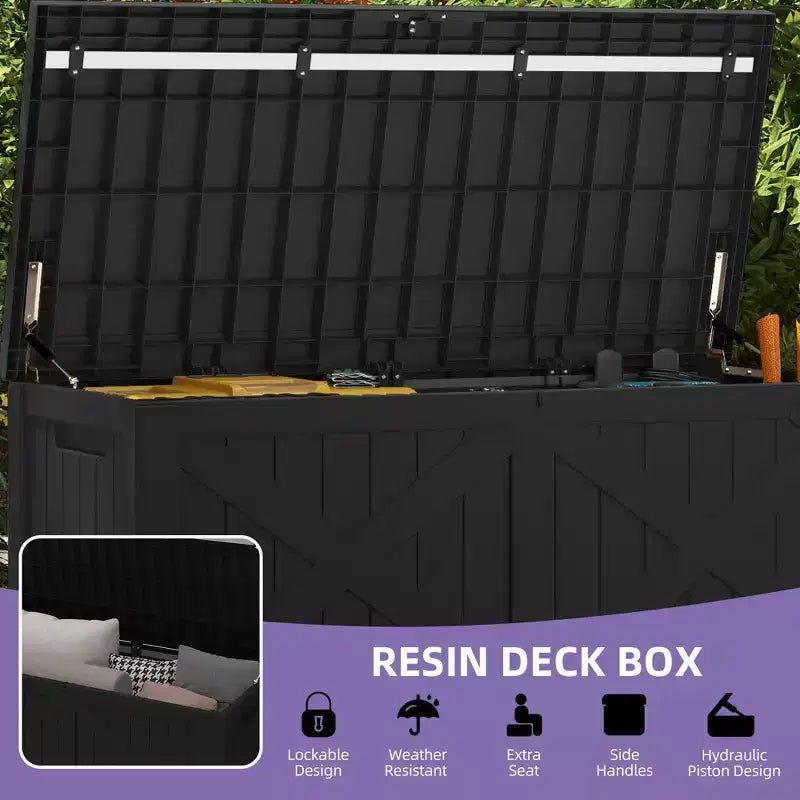 Coffre de rangement extérieur en résine de 450 litres, grand, en forme de X sur le devant, banc de rangement imperméable pour coussins