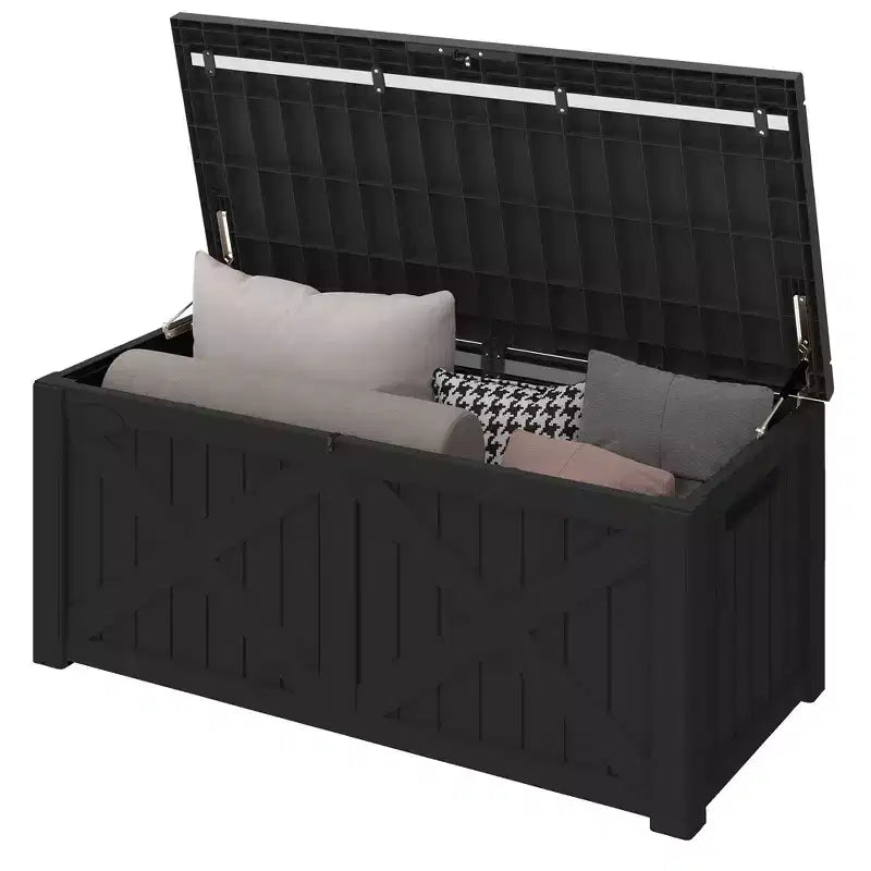 Coffre de rangement extérieur en résine de 450 litres, grand, en forme de X sur le devant, banc de rangement imperméable pour coussins