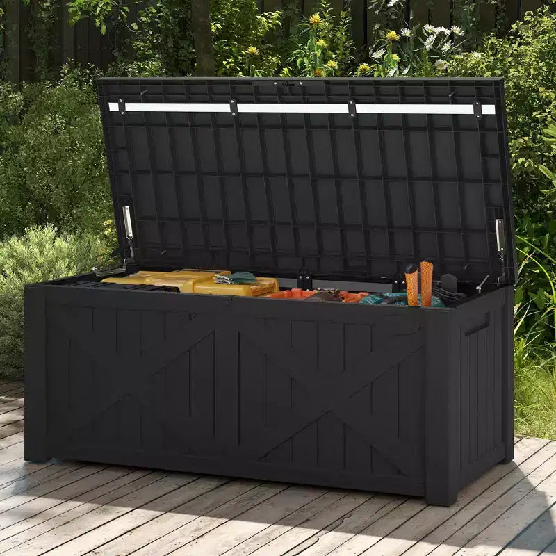 120 Gallon Large Deck Box with X-Shaped Front, Resin Outdoor Storage Boxes, Waterproof Cushion Storage Bench