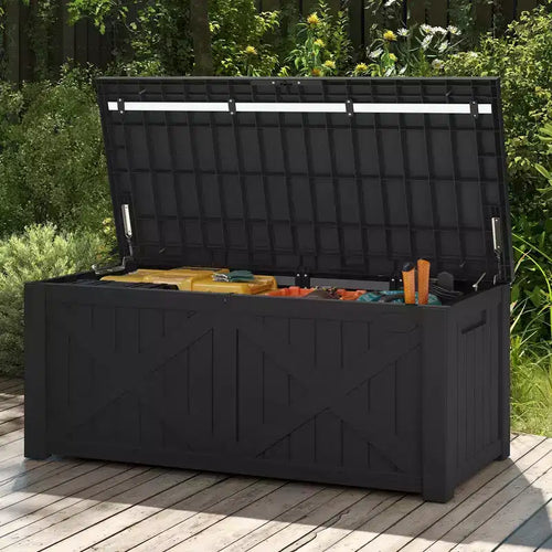120 Gallon Large Deck Box with X-Shaped Front, Resin Outdoor Storage Boxes, Waterproof Cushion Storage Bench
