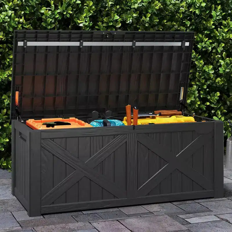 Coffre de rangement extérieur en résine de 450 litres, grand, en forme de X sur le devant, banc de rangement imperméable pour coussins