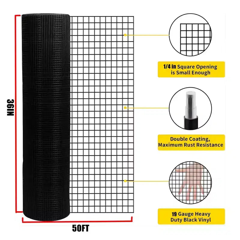 Treillis métallique soudé en PVC, 19 Ga, 1/4 po, 36 po x 50 pi, en fil de fer galvanisé et enduit de vinyle noir