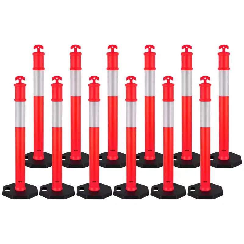 VEVOR 12 Pack Traffic Delineator Posts, 48 inches Traffic Safety Cones with Weighted Base and Reflective Strips, Heavy Duty Delineator Posts, Red