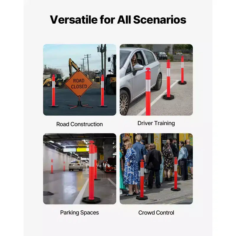 Poteaux de signalisation routière, lot de 12, cônes de sécurité de 122 cm avec base lestée et bandes réfléchissantes, poteaux de signalisation robustes, rouges