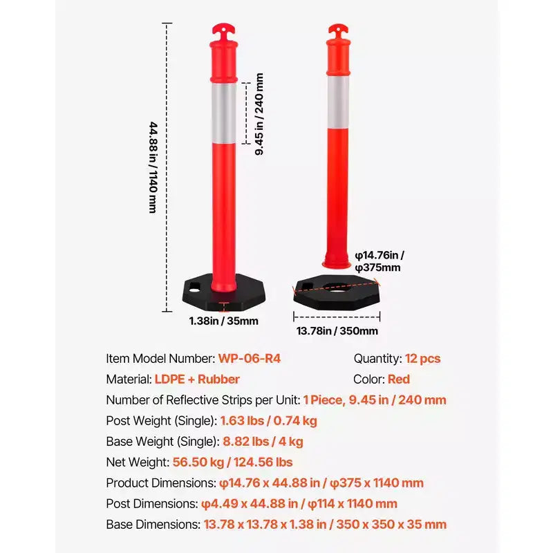 Poteaux de signalisation routière, lot de 12, cônes de sécurité de 122 cm avec base lestée et bandes réfléchissantes, poteaux de signalisation robustes, rouges