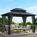 Hardtop Gazebo 10'x12' Double-Layer Polycarbonate Double Roof, Aluminum Frame Pavilion with Privacy Curtains and Netting All-Season for Patio, Garden