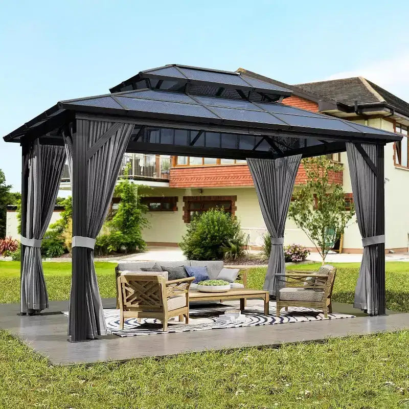Tonnelle à toit rigide 3x3,6 m avec toit double en polycarbonate et double toit, pavillon à cadre en aluminium avec rideaux d'intimité et moustiquaire toutes saisons pour patio, jardin