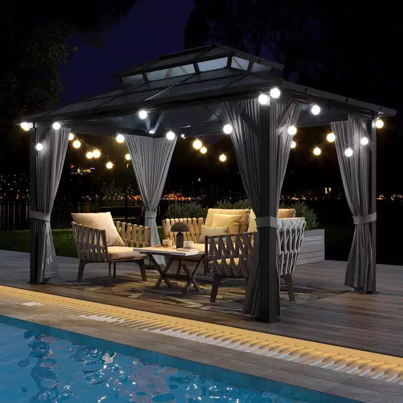 Tonnelle à toit rigide 3x3,6 m avec toit double en polycarbonate et double toit, pavillon à cadre en aluminium avec rideaux d'intimité et moustiquaire toutes saisons pour patio, jardin