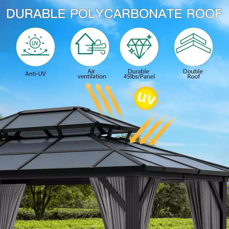 Tonnelle à toit rigide 3x3,6 m avec toit double en polycarbonate et double toit, pavillon à cadre en aluminium avec rideaux d'intimité et moustiquaire toutes saisons pour patio, jardin