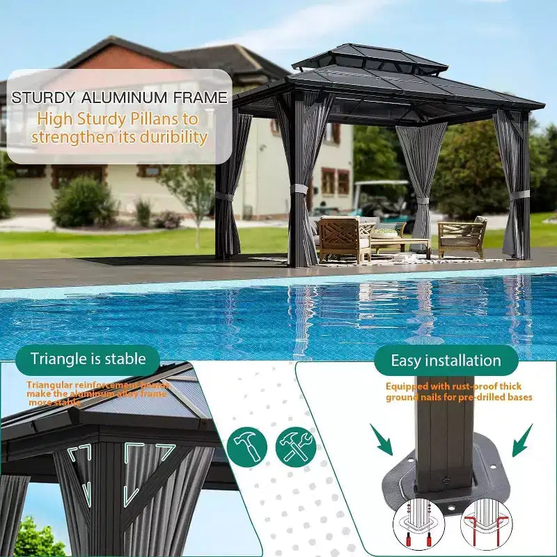 Tonnelle à toit rigide 3x3,6 m avec toit double en polycarbonate et double toit, pavillon à cadre en aluminium avec rideaux d'intimité et moustiquaire toutes saisons pour patio, jardin