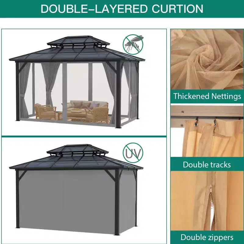 Tonnelle à toit rigide 3x3,6 m avec toit double en polycarbonate et double toit, pavillon à cadre en aluminium avec rideaux d'intimité et moustiquaire toutes saisons pour patio, jardin