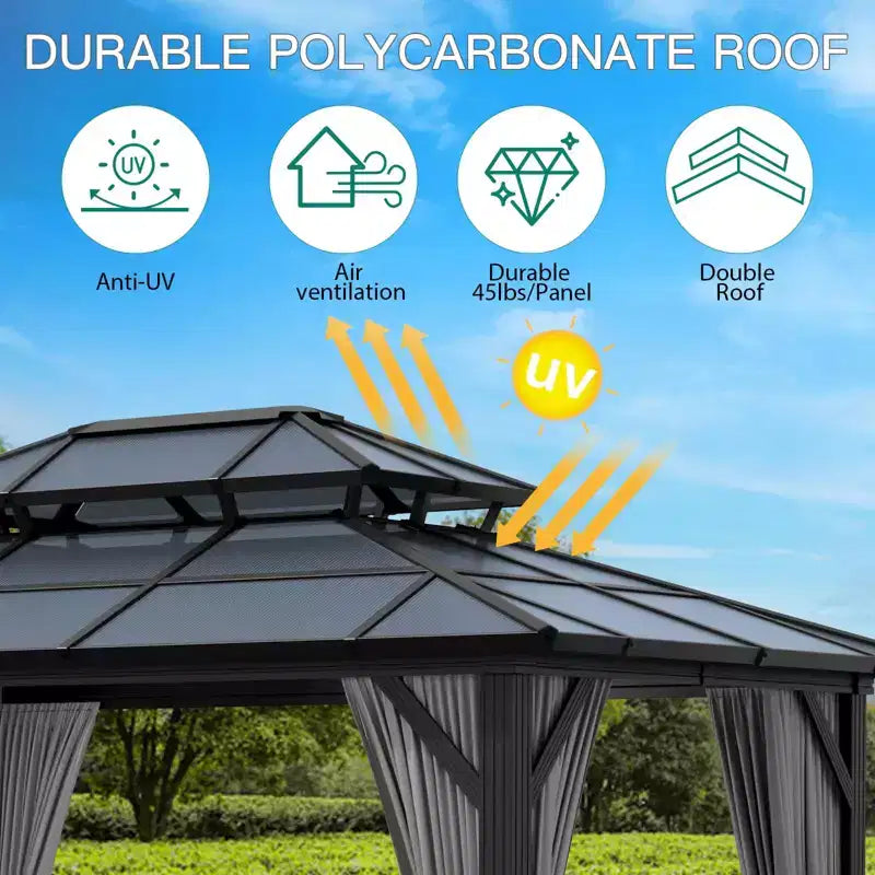 Tonnelle à toit rigide, Tonnelle à toit en acier galvanisé à double couche de 3 x 4 m, Pavillon à cadre en aluminium toutes saisons avec rideaux d'intimité et moustiquaire pour patio