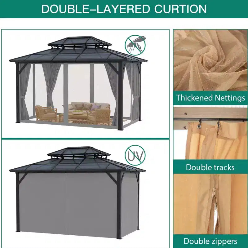 Tonnelle à toit rigide, Tonnelle à toit en acier galvanisé à double couche de 3 x 4 m, Pavillon à cadre en aluminium toutes saisons avec rideaux d'intimité et moustiquaire pour patio