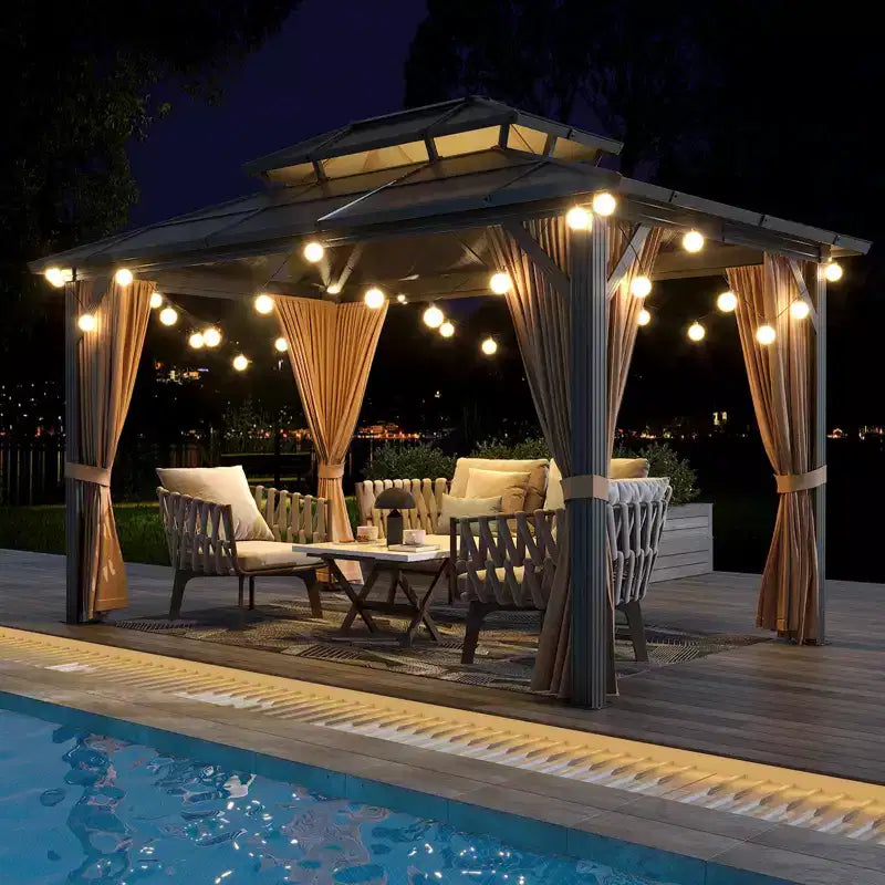 Tonnelle à toit rigide, Tonnelle à toit en acier galvanisé à double couche de 3 x 4 m, Pavillon à cadre en aluminium toutes saisons avec rideaux d'intimité et moustiquaire pour patio
