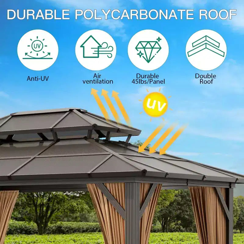 Tonnelle à toit rigide, Tonnelle à toit en acier galvanisé à double couche de 3 x 4 m, Pavillon à cadre en aluminium toutes saisons avec rideaux d'intimité et moustiquaire pour patio