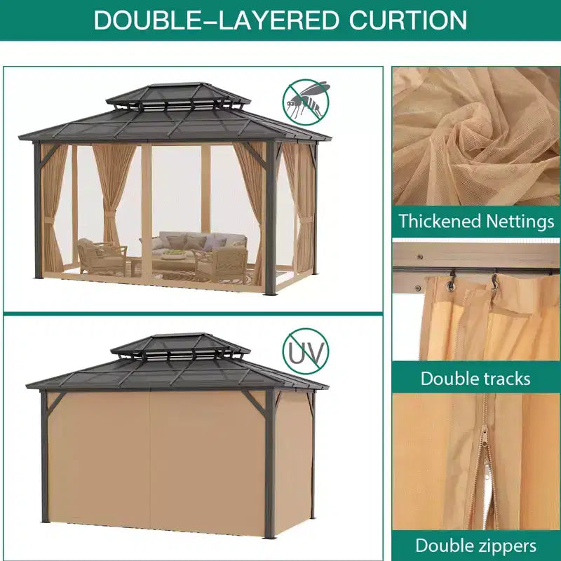 Tonnelle à toit rigide, Tonnelle à toit en acier galvanisé à double couche de 3 x 4 m, Pavillon à cadre en aluminium toutes saisons avec rideaux d'intimité et moustiquaire pour patio