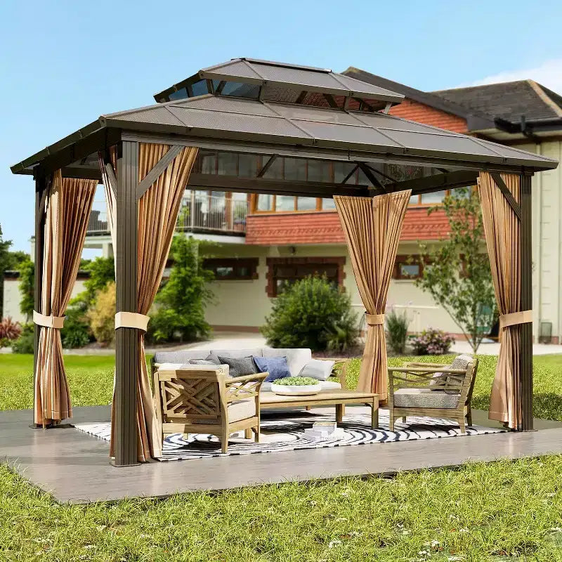 Tonnelle à toit rigide, Tonnelle à toit en acier galvanisé à double couche de 3 x 4 m, Pavillon à cadre en aluminium toutes saisons avec rideaux d'intimité et moustiquaire pour patio