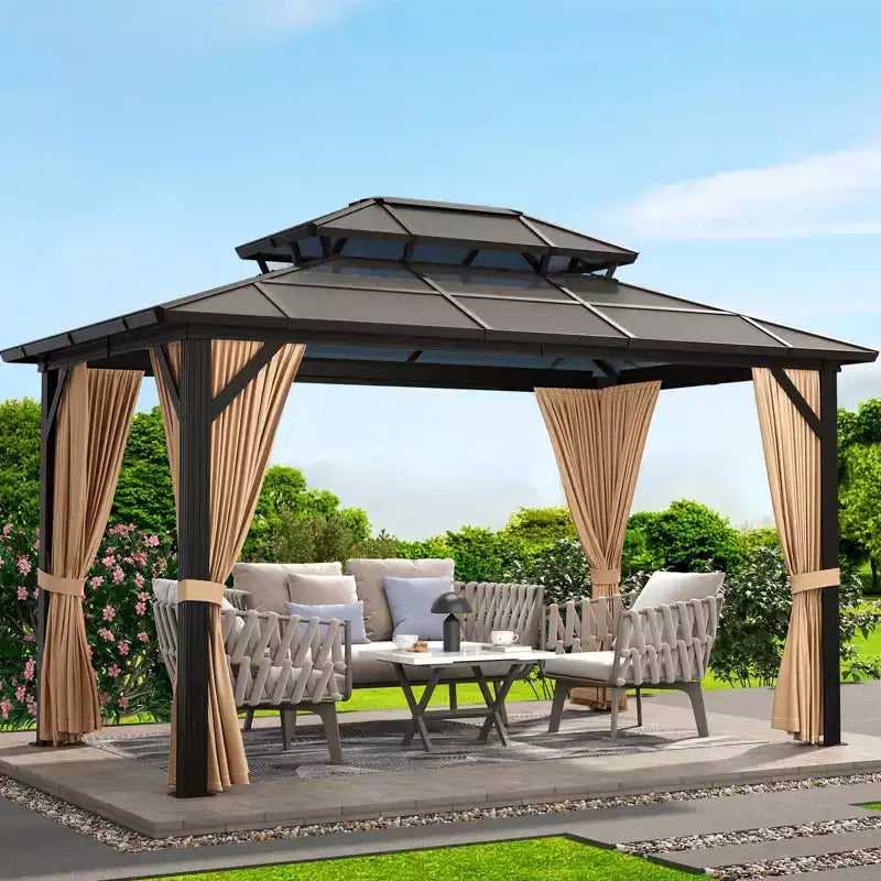 Hardtop Gazebo, 10'x13' Double-Layer Galvanized Steel Roof Gazebo, All-Season Aluminum Frame Pavilion with Privacy Curtains and Netting for Patio