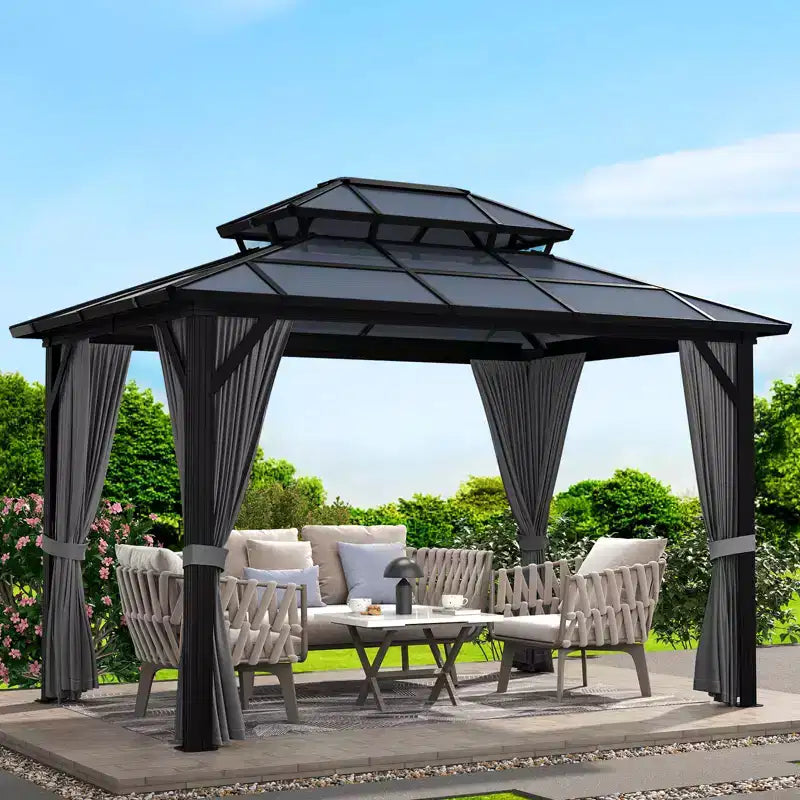 Tonnelle à toit rigide, Tonnelle à toit en acier galvanisé à double couche de 3 x 4 m, Pavillon à cadre en aluminium toutes saisons avec rideaux d'intimité et moustiquaire pour patio