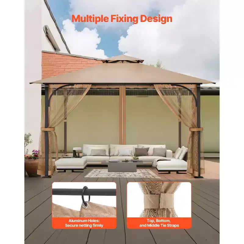 Moustiquaire de rechange pour tonnelle, compatible avec la plupart des tonnelles de 3 x 3 x 2,1 m, rideau de tonnelle, filet de jardin extérieur, filet en maille à 4 panneaux, marron