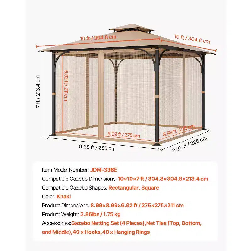 Moustiquaire de rechange pour tonnelle, compatible avec la plupart des tonnelles de 3 x 3 x 2,1 m, rideau de tonnelle, filet de jardin extérieur, filet en maille à 4 panneaux, marron