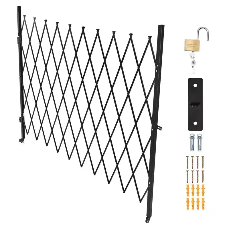 VEVOR Single Folding Security Gate, Lockable Scissor Gate with 360 Swivel Casters, Outdoor Barricade Steel Retractable Gates, 94.49 x 86.81 in,Black