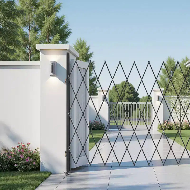 Portail de sécurité simple repliable, portail ciseaux verrouillable avec roulettes pivotantes à 360°, barrière extérieure rétractable en acier, 240 x 220,5 cm, Noir