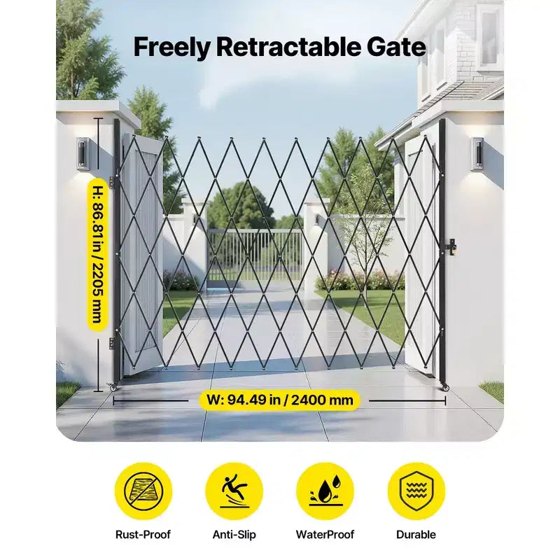Portail de sécurité simple repliable, portail ciseaux verrouillable avec roulettes pivotantes à 360°, barrière extérieure rétractable en acier, 240 x 220,5 cm, Noir