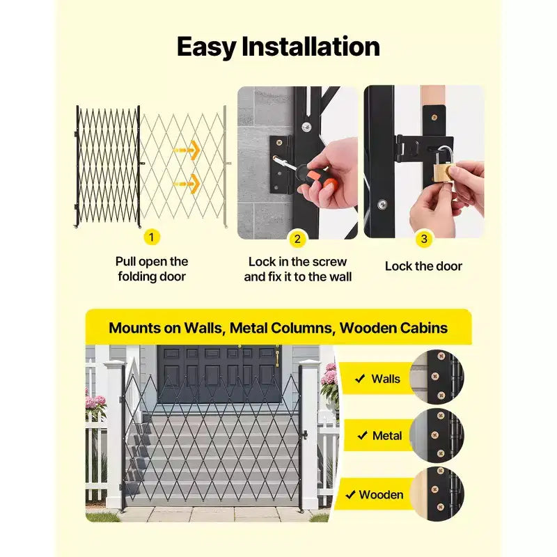Portail de sécurité simple repliable, portail ciseaux verrouillable avec roulettes pivotantes à 360°, barrière extérieure rétractable en acier, 240 x 220,5 cm, Noir