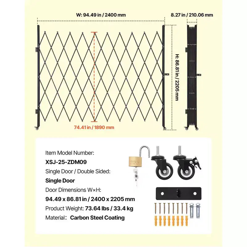 Portail de sécurité simple repliable, portail ciseaux verrouillable avec roulettes pivotantes à 360°, barrière extérieure rétractable en acier, 240 x 220,5 cm, Noir