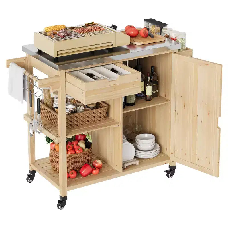 COZONY Wood Outdoor Grill Cart with Stainless Steel Top, Storage Cabinet and Lockable Wheels, Portable Prep Table for Backyard BBQ