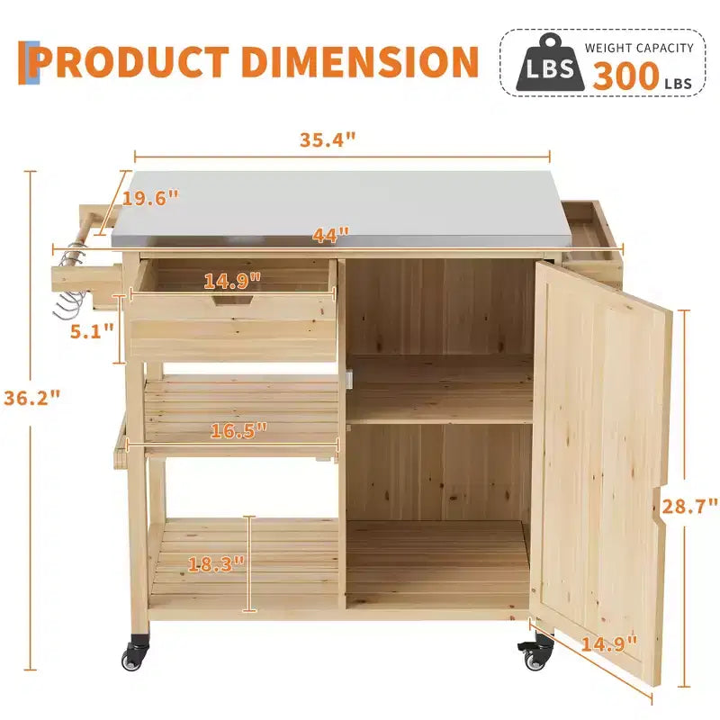Chariot de cuisine extérieur en bois avec plateau en acier inoxydable, armoire de rangement et roulettes verrouillables, table de préparation portable pour barbecue de jardin