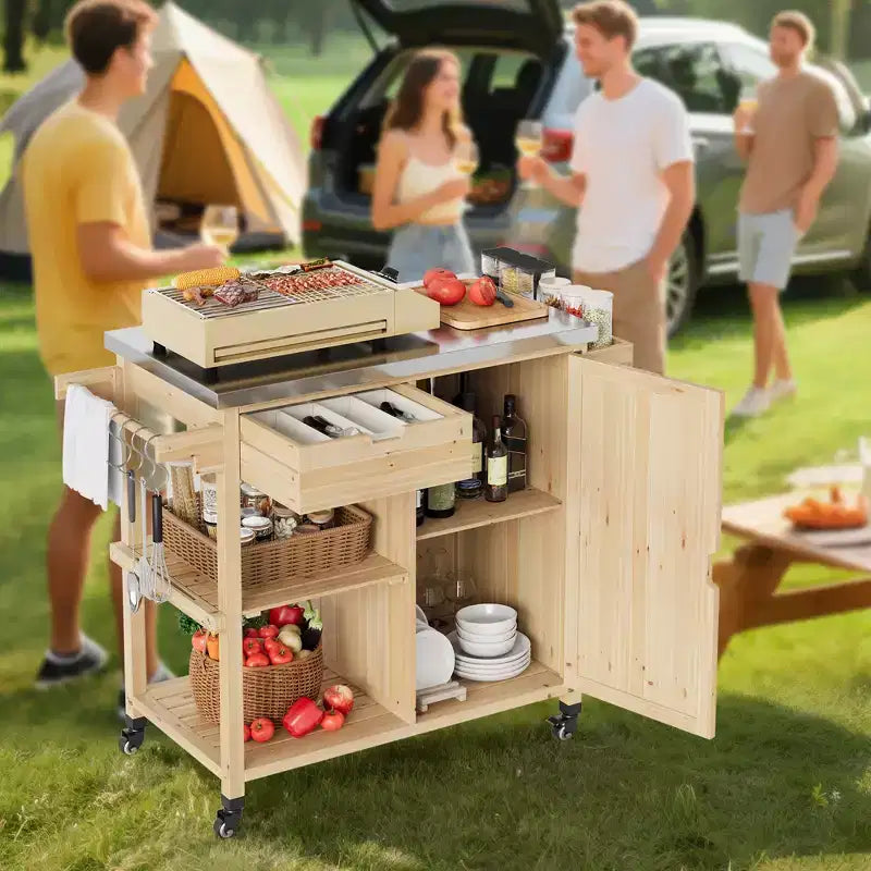 Chariot de cuisine extérieur en bois avec plateau en acier inoxydable, armoire de rangement et roulettes verrouillables, table de préparation portable pour barbecue de jardin
