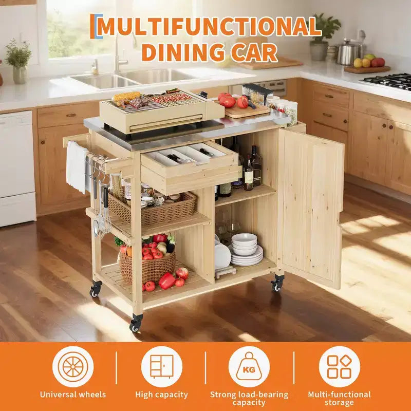 Chariot de cuisine extérieur en bois avec plateau en acier inoxydable, armoire de rangement et roulettes verrouillables, table de préparation portable pour barbecue de jardin