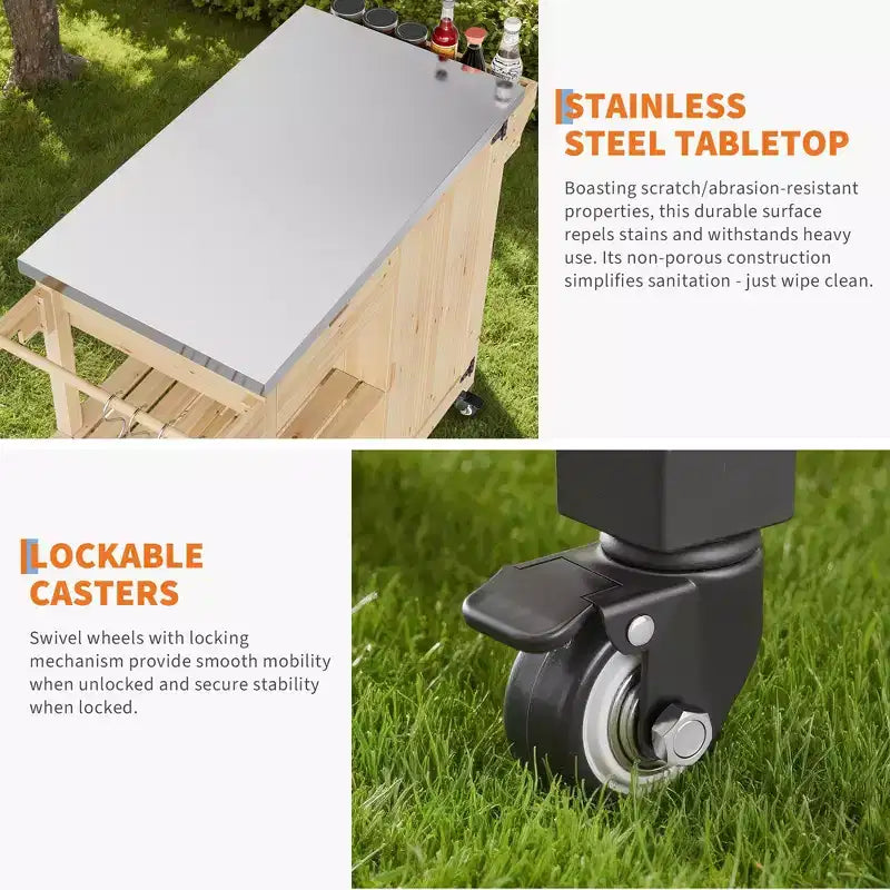 Chariot de cuisine extérieur en bois avec plateau en acier inoxydable, armoire de rangement et roulettes verrouillables, table de préparation portable pour barbecue de jardin