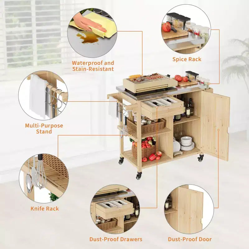 Chariot de cuisine extérieur en bois avec plateau en acier inoxydable, armoire de rangement et roulettes verrouillables, table de préparation portable pour barbecue de jardin
