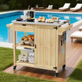 Chariot de cuisine extérieur en bois avec plateau en acier inoxydable, armoire de rangement et roulettes verrouillables, table de préparation portable pour barbecue de jardin