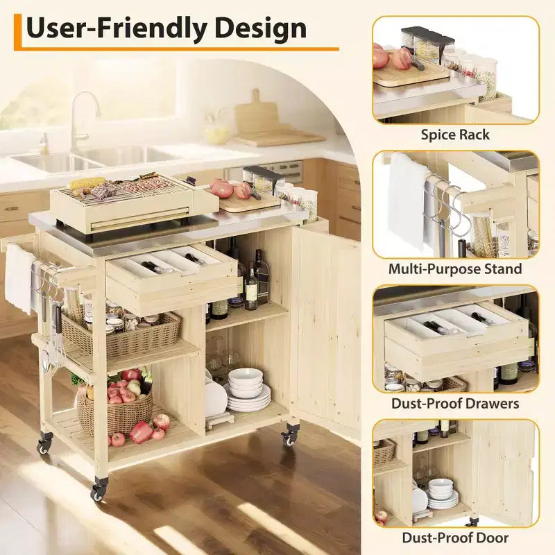 Chariot de cuisine extérieur en bois avec plateau en acier inoxydable, armoire de rangement et roulettes verrouillables, table de préparation portable pour barbecue de jardin