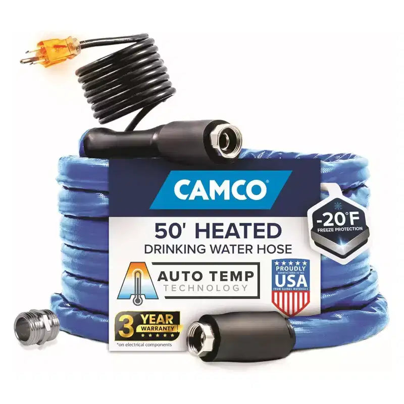 Camco 50 Ft Heated Water Hose for RV with Freeze Protection and Adapter, Blue