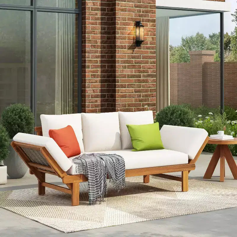 Lit de repos moderne en bois d'acacia et osier pour terrasse avec accoudoirs réglables