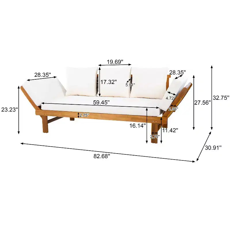 Lit de repos moderne en bois d'acacia et osier pour terrasse avec accoudoirs réglables
