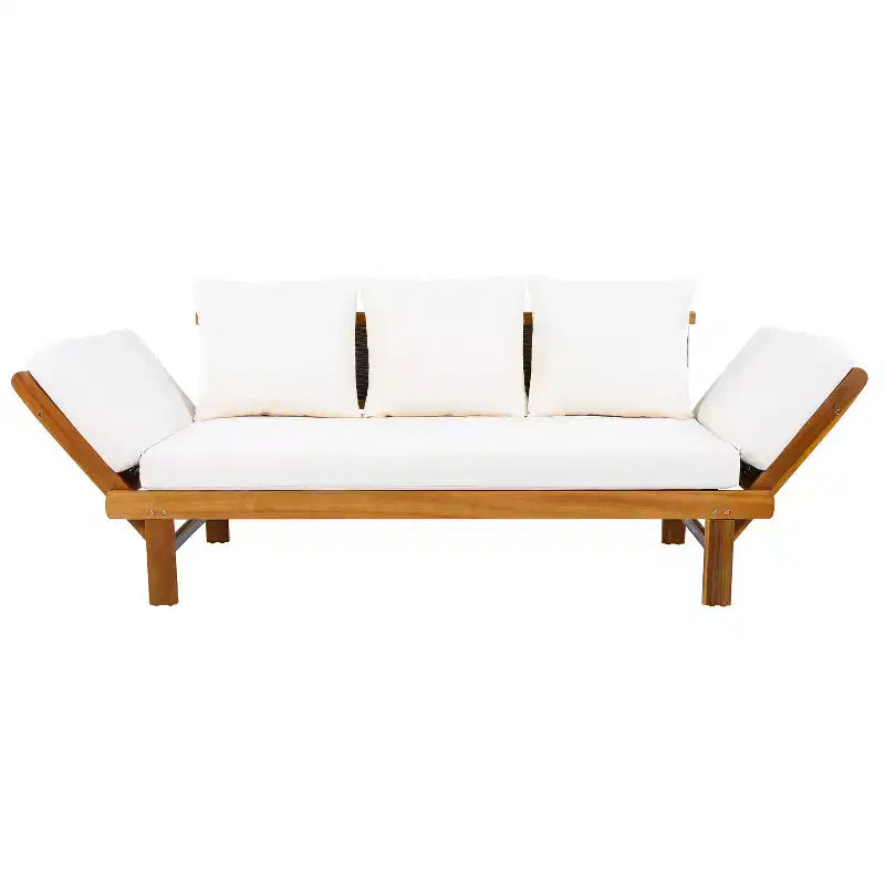 Lit de repos moderne en bois d'acacia et osier pour terrasse avec accoudoirs réglables
