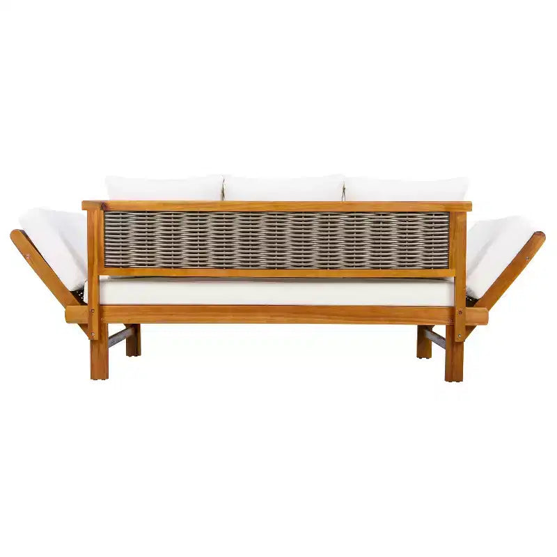 Lit de repos moderne en bois d'acacia et osier pour terrasse avec accoudoirs réglables