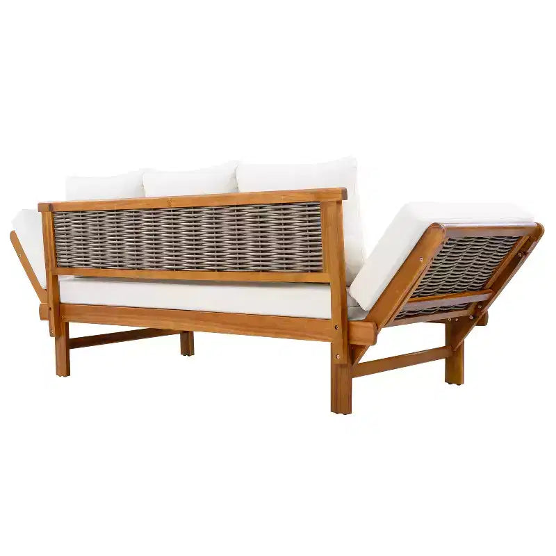 Lit de repos moderne en bois d'acacia et osier pour terrasse avec accoudoirs réglables