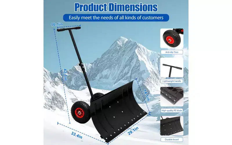 Pelle à neige à roulettes et chasse-neige, manche réglable rembourré, lame de 74 cm, roues de 25 cm (noir)