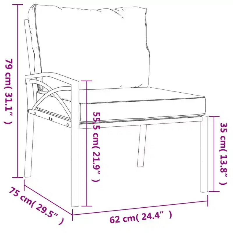 Chaise de jardin 2 pièces avec coussins et accoudoirs, en métal