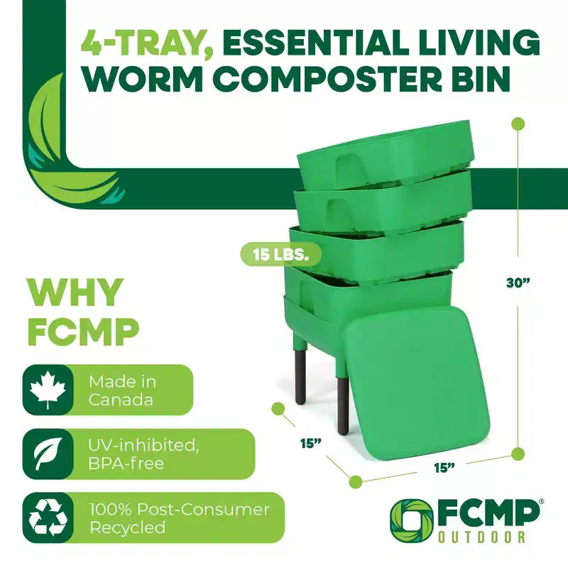 Composteur de vers de terre d'extérieur Essential Living, système d'intérieur à 4 plateaux, vert