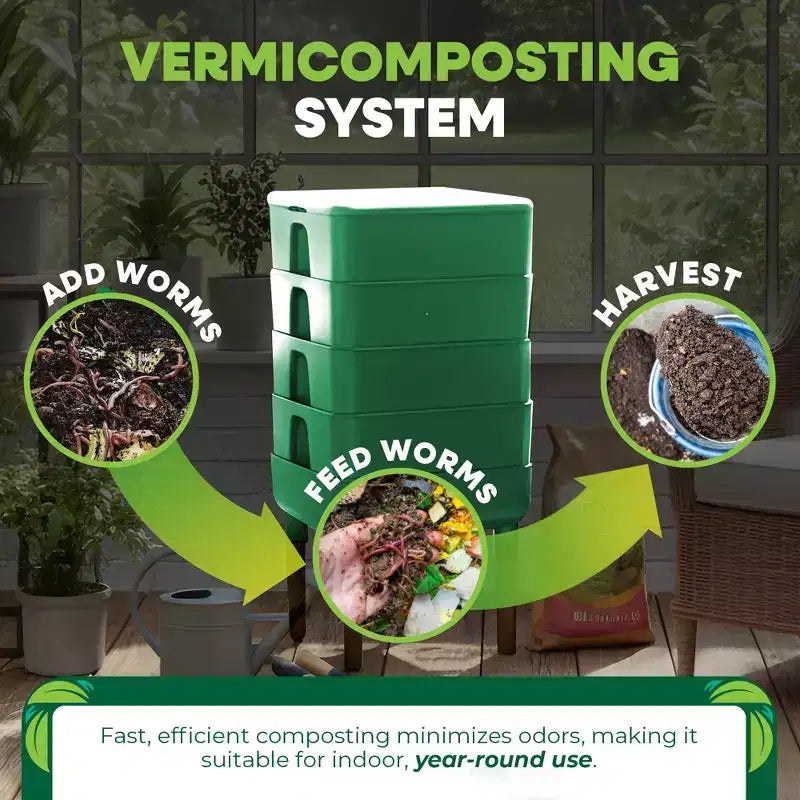 Composteur de vers de terre d'extérieur Essential Living, système d'intérieur à 4 plateaux, vert