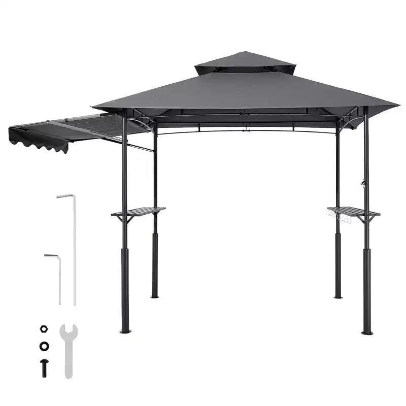 VEVOR Grill Gazebo, 8 x 5 ft Double-Tiered Top, BBQ Gazebo with Extra Awning, Powder-Coated Steel Patio Grill Shelter with 2 Side Shelves, Drak Gray